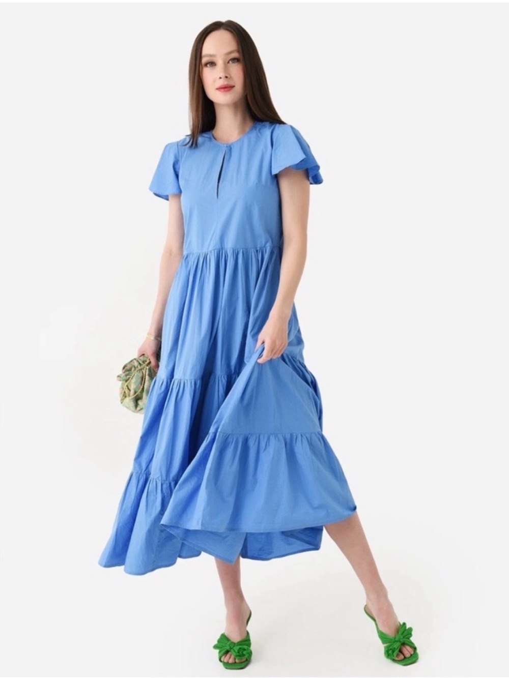 Oliphant V-Neck Tiered Flutter Sleeve Maxi Dress in Blue, Size XS